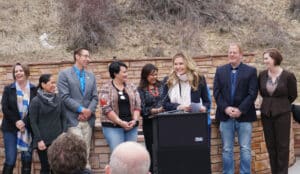 Cabinet Secretary Alicia Keyes speaking at a podium